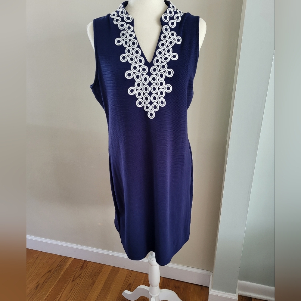 Charter Club Women Large Petite LP Sleeveless Blue‎ White Ring Embroidered Dress